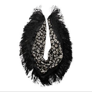 Black & White Floral Fringe Scarf